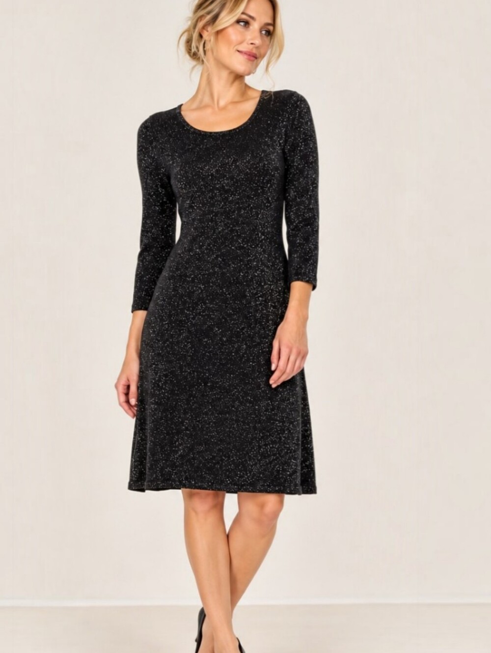 Nine West Black Metallic Shimmer Scoop Neck 3/4 Sleeve Dress Medium